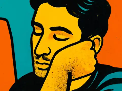 Pop-art illustration of a man resting his chin on his hand, eyes lowered, against a teal and orange background.