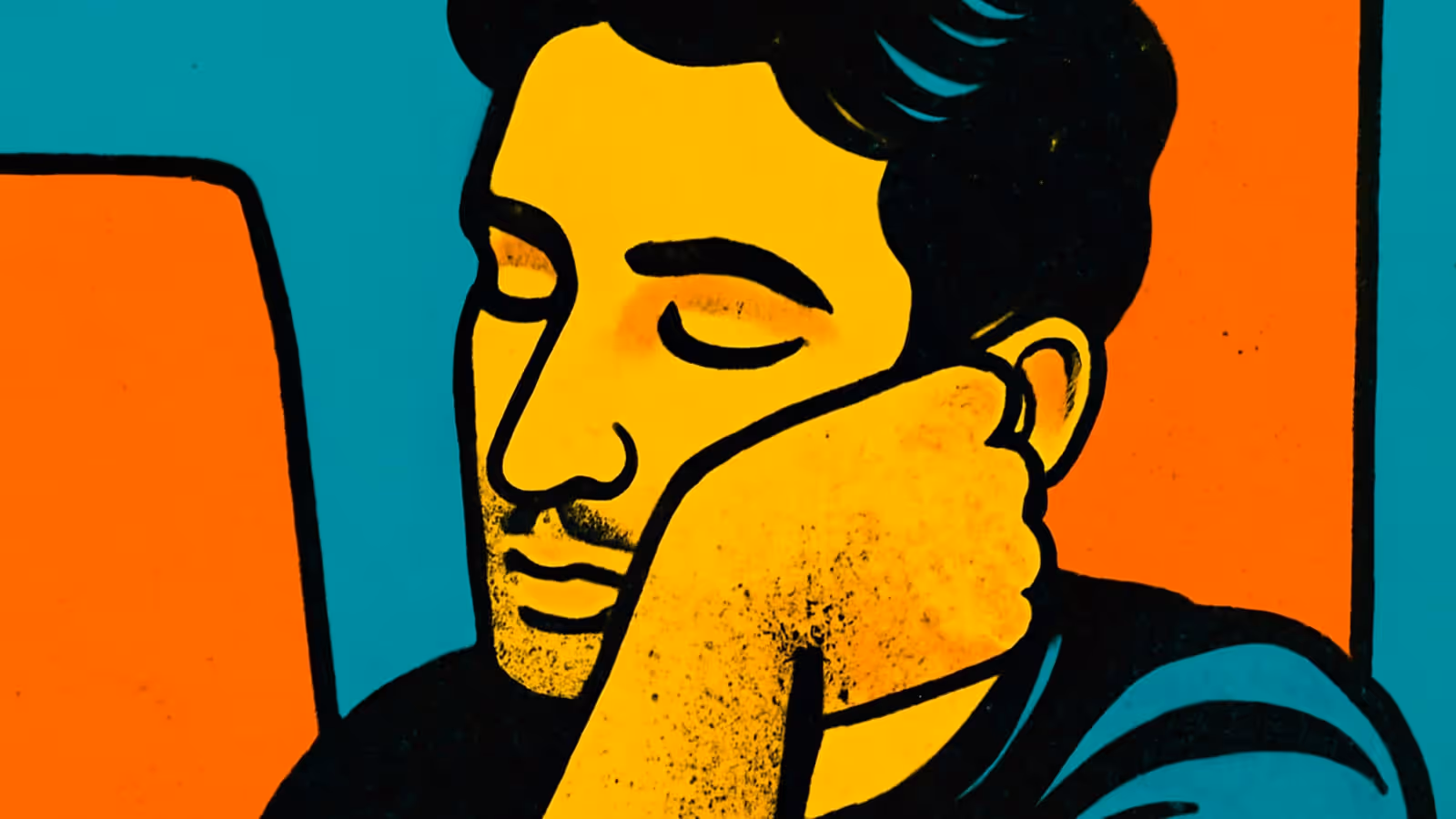 Pop-art illustration of a man resting his chin on his hand, eyes lowered, against a teal and orange background.