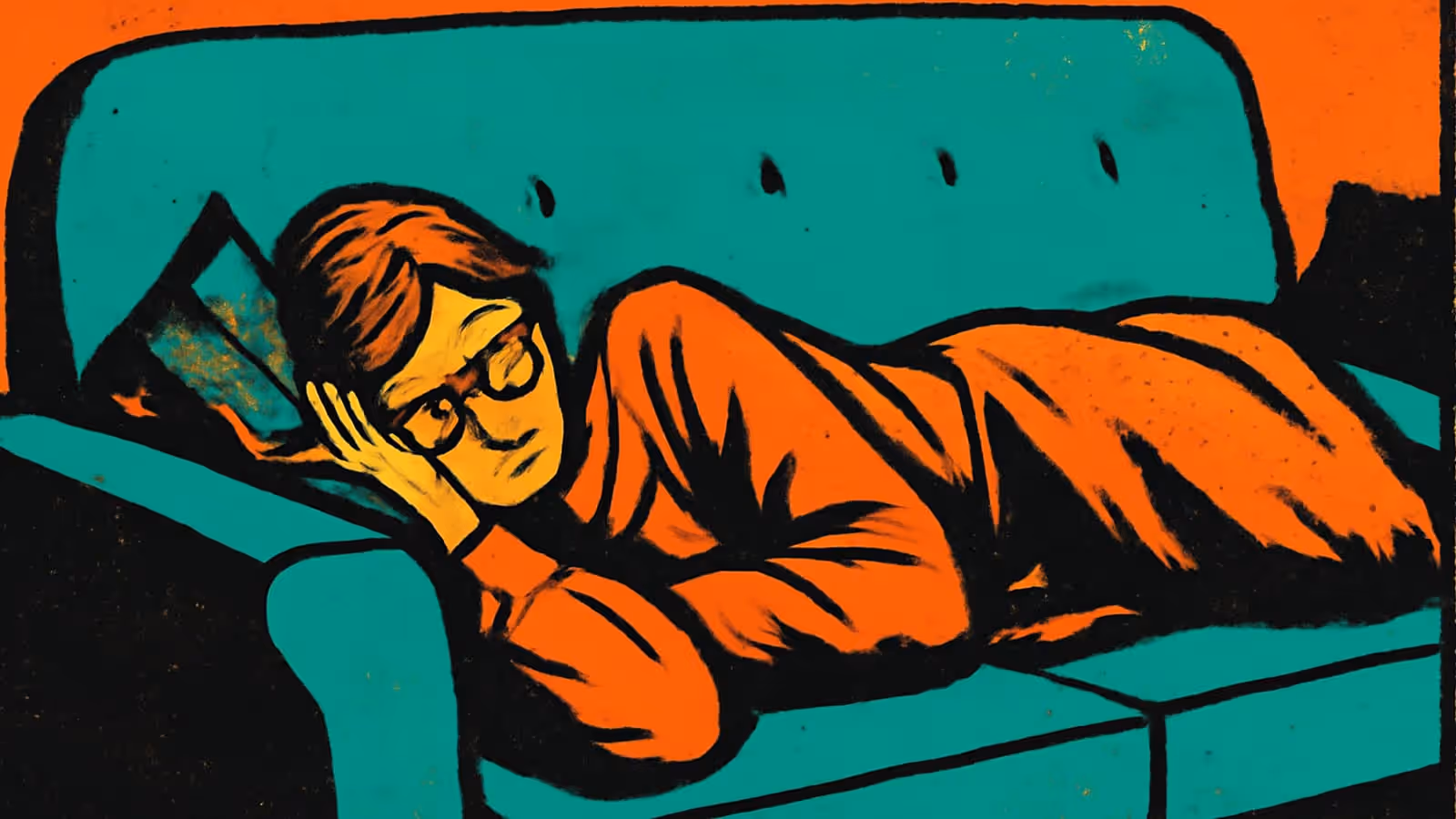 Flat pop-art illustration in orange and teal. A person in glasses lies curled on their side on a sofa, head resting on one hand, looking out past the viewer.