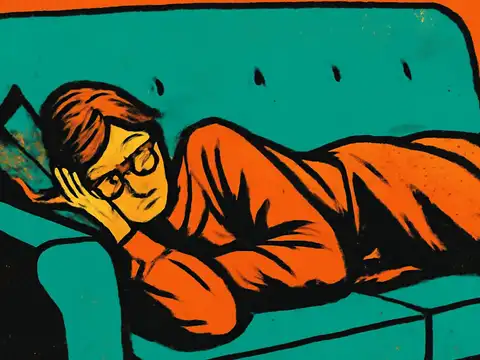 Flat pop-art illustration in orange and teal. A person in glasses lies curled on their side on a sofa, head resting on one hand, looking out past the viewer.