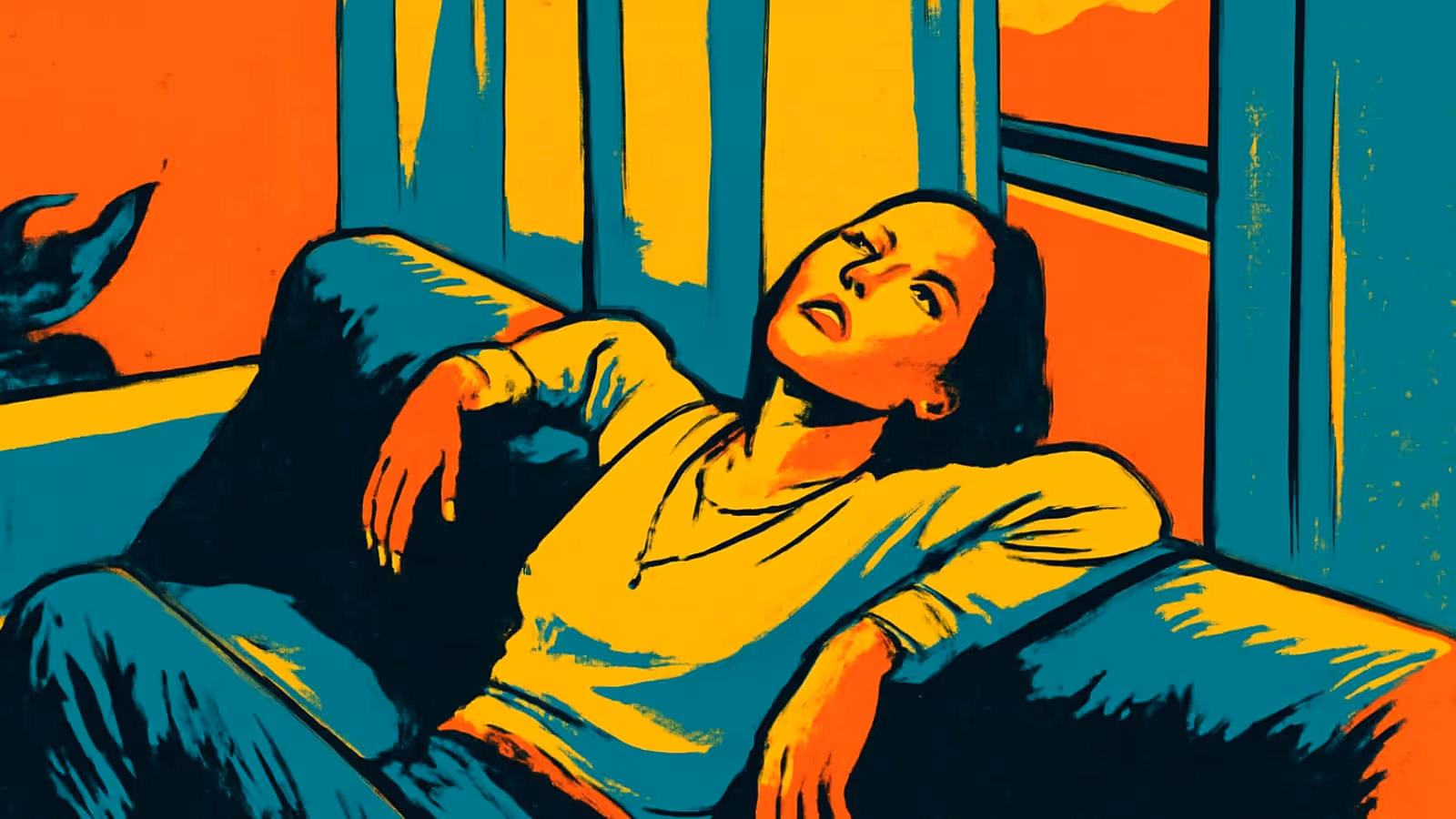 Pop-art illustration of a woman lying back on a sofa beside a window, one arm resting over a cushion, looking upward.