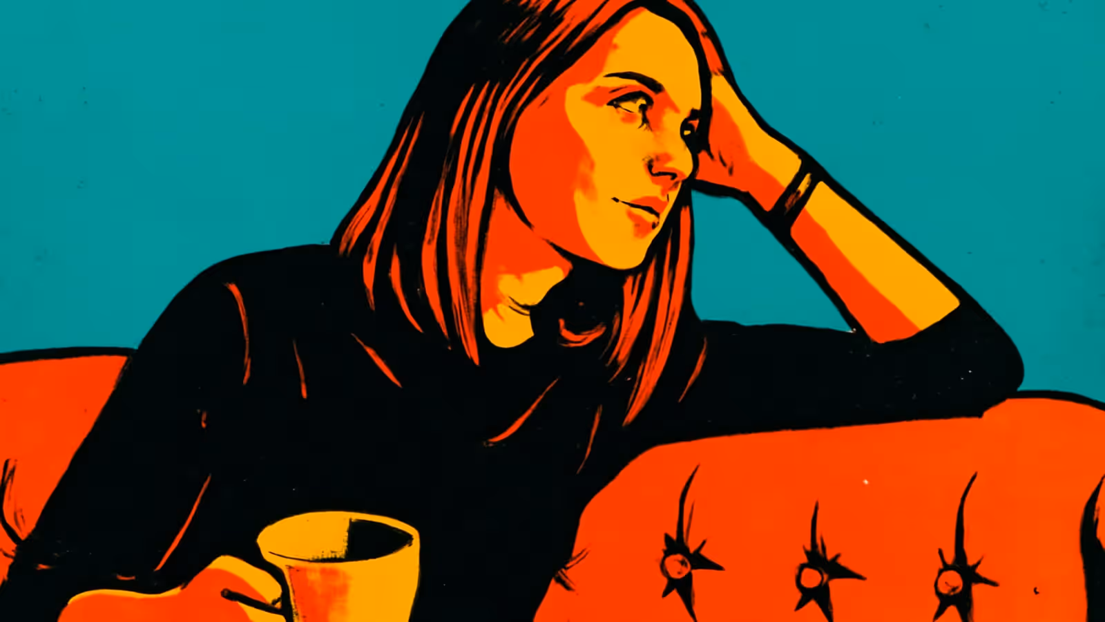 Pop-art illustration of a woman with shoulder-length hair in a black top, resting her head on one hand and looking to one side, with a yellow mug in her other hand, against a teal background with a red tufted sofa.