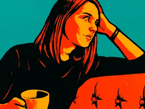 Pop-art illustration of a woman with shoulder-length hair in a black top, resting her head on one hand and looking to one side, with a yellow mug in her other hand, against a teal background with a red tufted sofa.