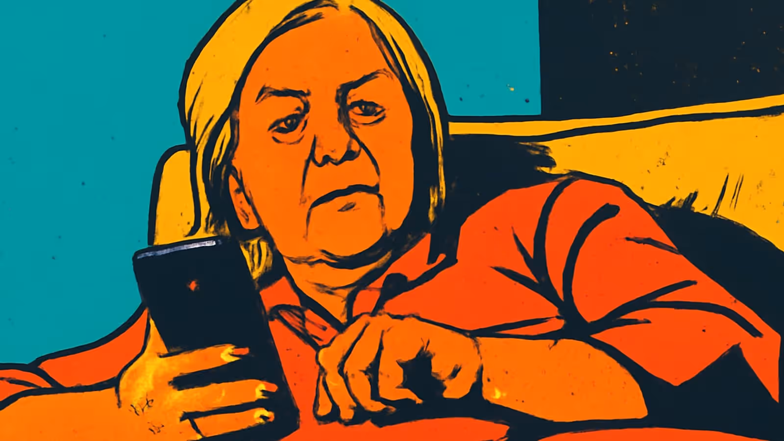 A person with light hair reclining against a cushion in a red top, holding a phone in one hand and reading it without expression, rendered as a flat orange, yellow and teal illustration.