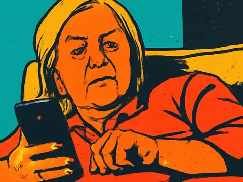 A person with light hair reclining against a cushion in a red top, holding a phone in one hand and reading it without expression, rendered as a flat orange, yellow and teal illustration.