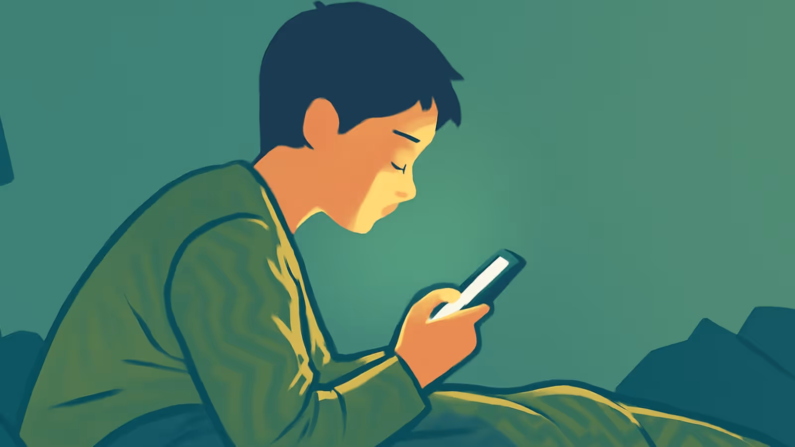Illustration vectorielle d'un homme enveloppé dans une couverture, regardant un téléphone dans une pièce sombre, l'écran éclairant son visage.