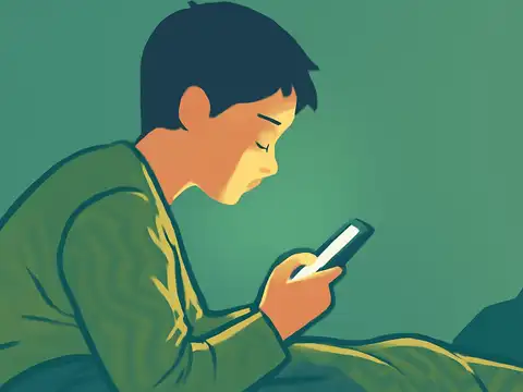 Vector illustration of a man wrapped in a blanket, looking down at a phone in a dark room, its screen lighting his face.