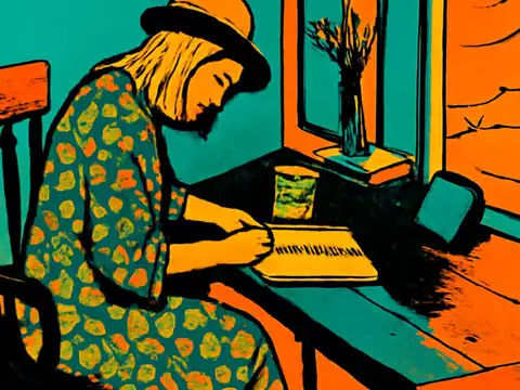 Pop-art illustration of a person in a hat and patterned dress sitting at a table, bent over writing in an open notebook.
