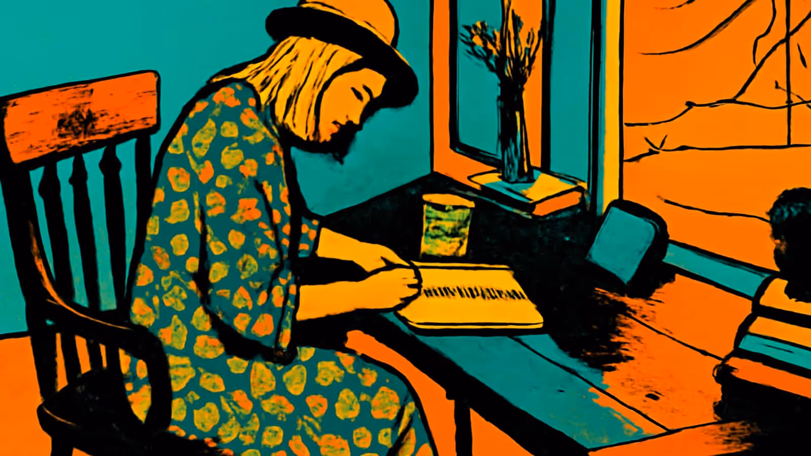 Pop-art illustration of a person in a hat and patterned dress sitting at a table, bent over writing in an open notebook.