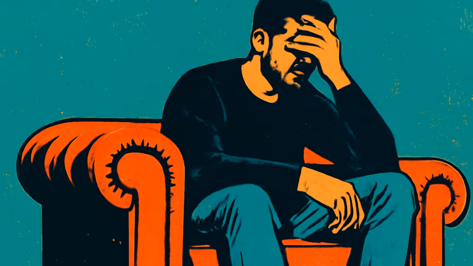 A bearded person sits forward in an armchair with one hand covering their forehead and eyes, rendered as a flat teal and orange illustration.