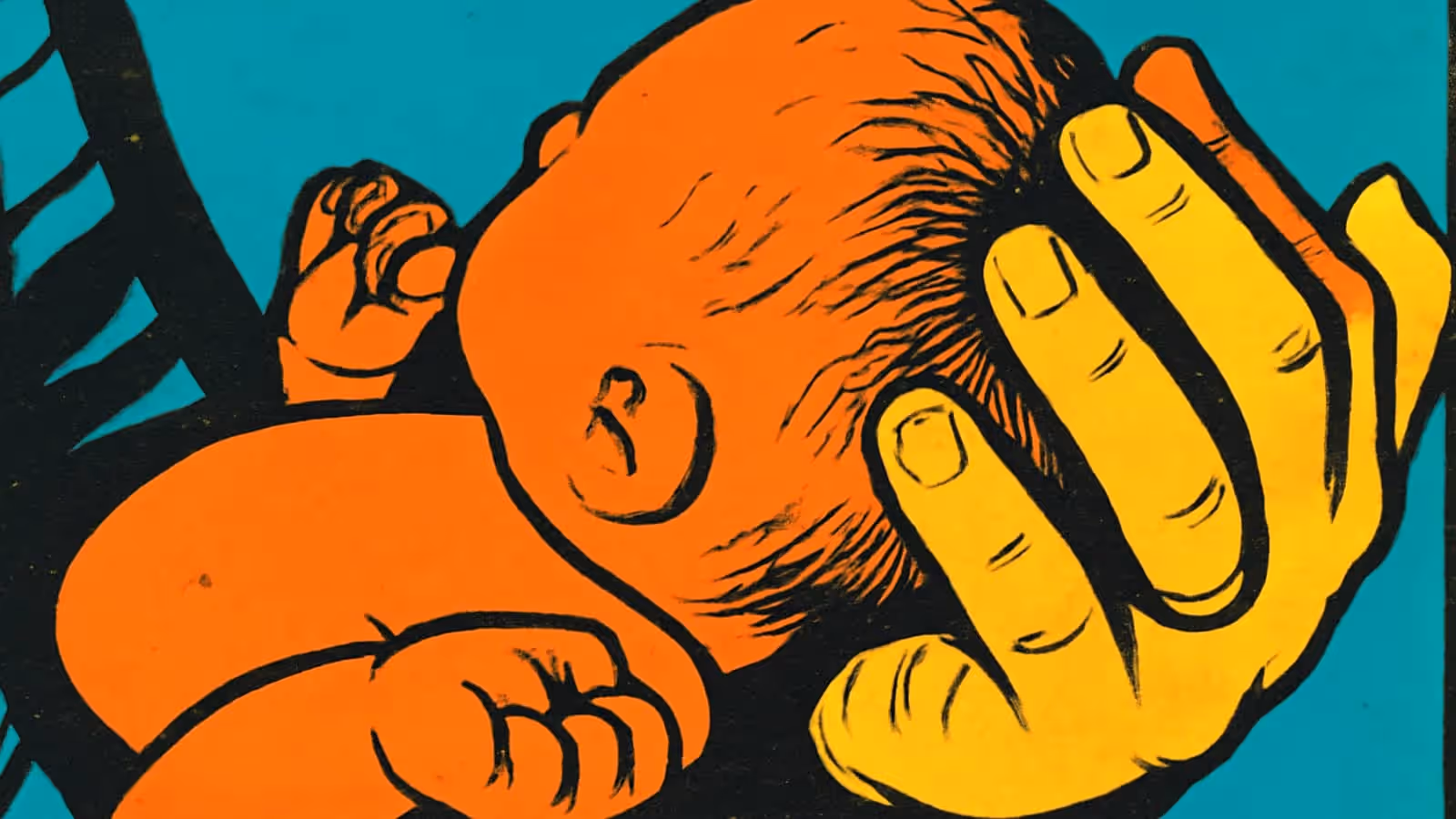 Pop-art illustration of a newborn baby held in someone's arms, with an adult hand cradling the back of the head.