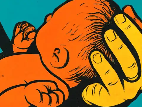 Pop-art illustration of a newborn baby held in someone's arms, with an adult hand cradling the back of the head.