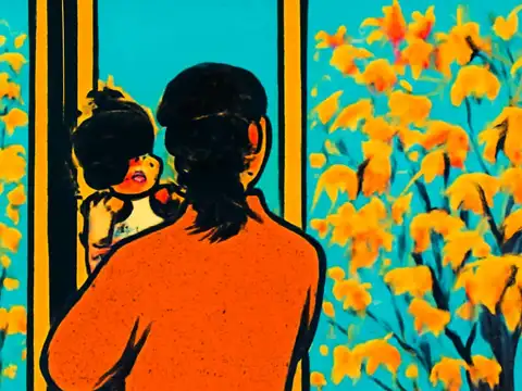 Flat pop-art illustration in orange, teal and yellow. A person in an orange top is seen from behind, holding a small child against one shoulder and facing a window, with flowering branches outside.