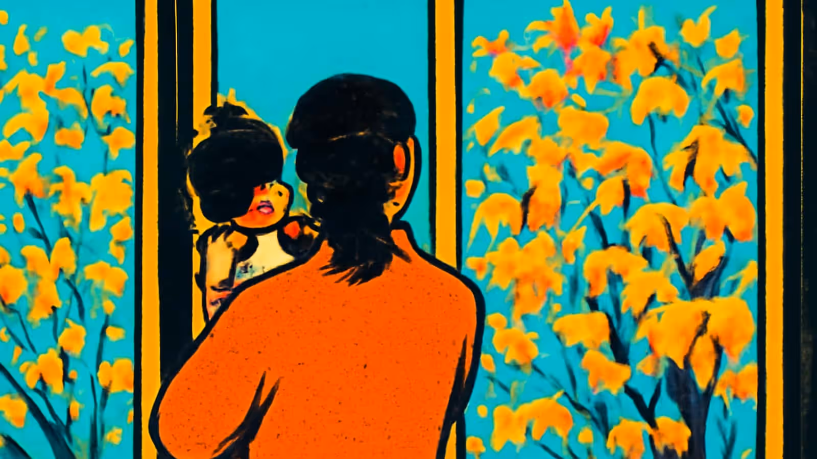 Flat pop-art illustration in orange, teal and yellow. A person in an orange top is seen from behind, holding a small child against one shoulder and facing a window, with flowering branches outside.