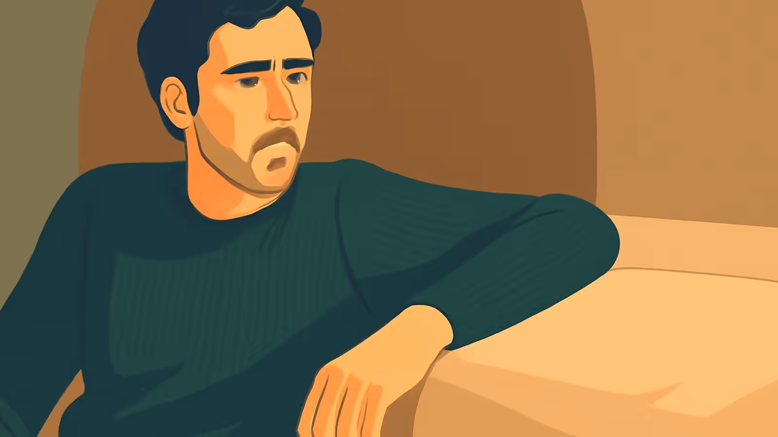 Flat vector illustration of a man with dark hair and a short beard in a dark green ribbed sweater, leaning on one arm beside a cushion, with a worried, faraway expression against warm brown walls.
