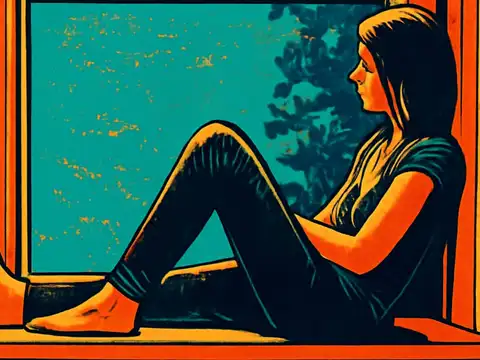 Pop-art illustration of a person sitting on a window sill with their knees drawn up, looking out at greenery, in teal and orange.