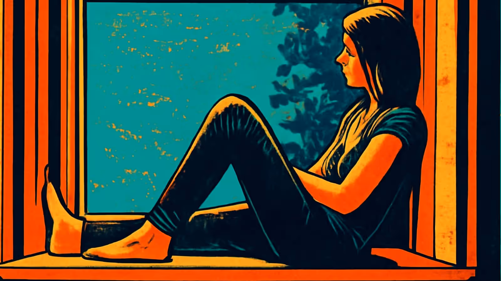 Pop-art illustration of a person sitting on a window sill with their knees drawn up, looking out at greenery, in teal and orange.