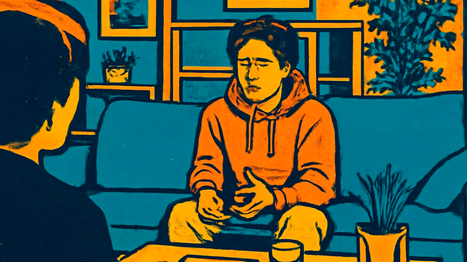 A person in a hooded top sitting on a sofa with their hands together, talking to another person seen from behind in the foreground, a glass and a potted plant nearby, rendered as a flat orange and teal illustration.