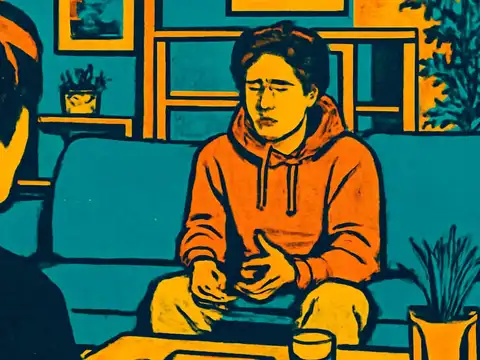 A person in a hooded top sitting on a sofa with their hands together, talking to another person seen from behind in the foreground, a glass and a potted plant nearby, rendered as a flat orange and teal illustration.