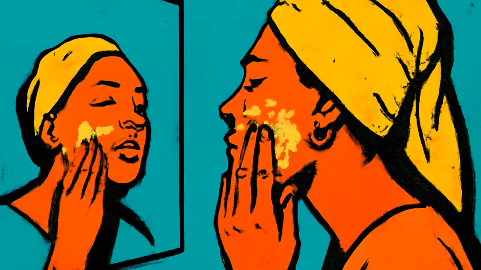 Pop-art illustration of a woman with a towel wrapped around her hair applying cream to her face, reflected in a mirror.