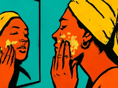 Pop-art illustration of a woman with a towel wrapped around her hair applying cream to her face, reflected in a mirror.