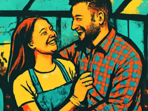 Pop-art illustration of a couple laughing together outdoors.