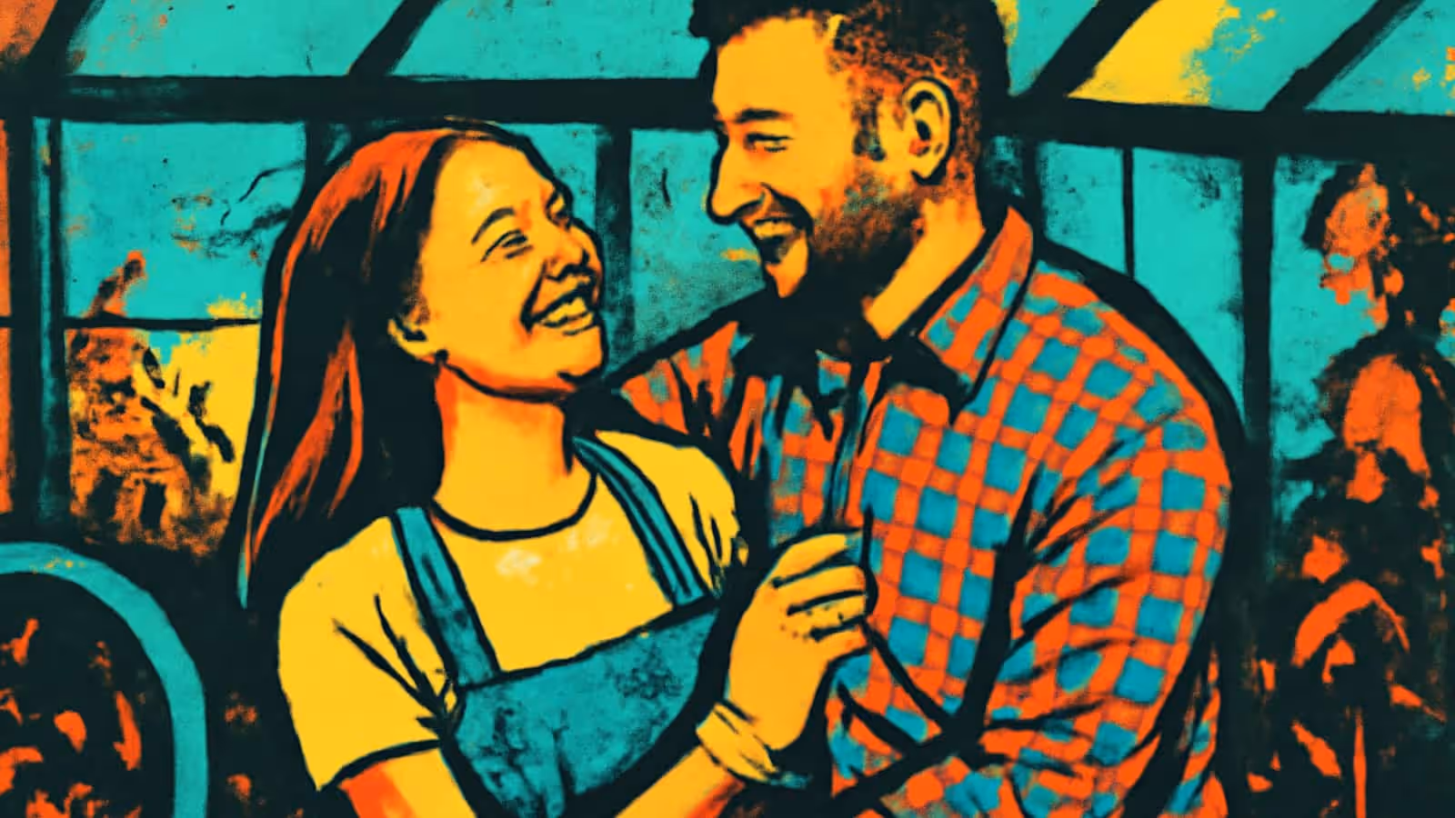 Pop-art illustration of a couple laughing together outdoors.