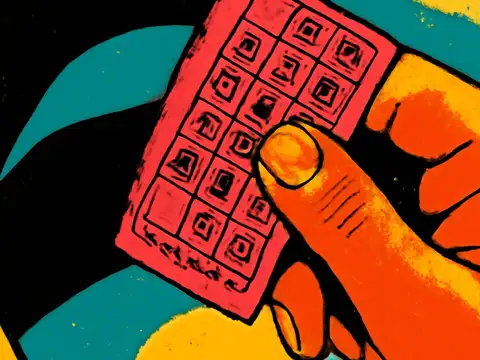A hand holding a pink ticket printed with a grid of numbered boxes, rendered as a flat orange and teal illustration.