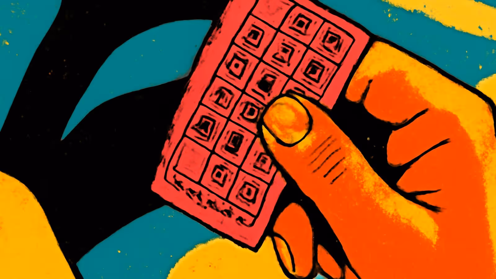 A hand holding a pink ticket printed with a grid of numbered boxes, rendered as a flat orange and teal illustration.