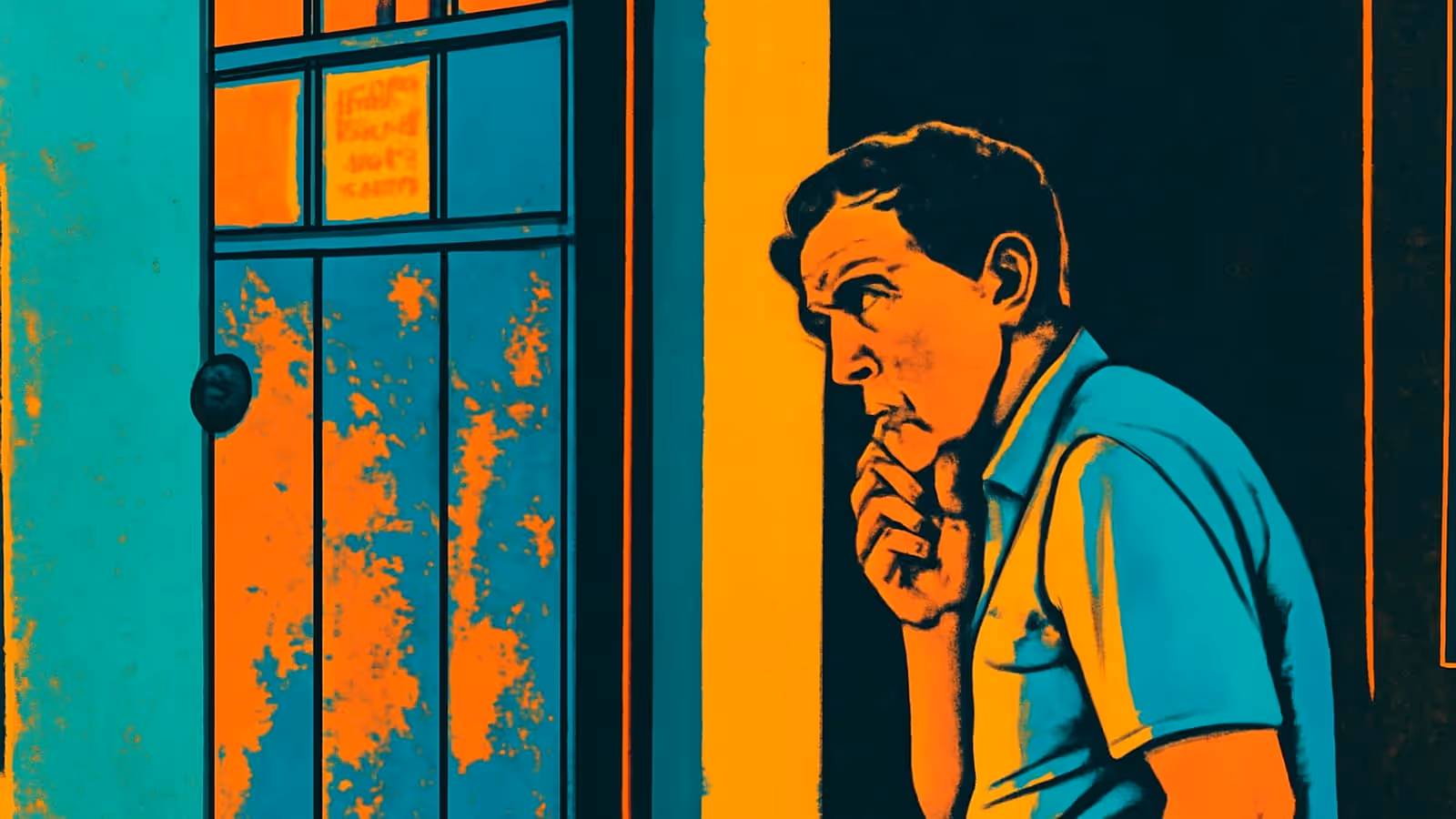 Pop-art illustration of a man standing just inside a doorway with one hand raised to his mouth, looking away from the light.