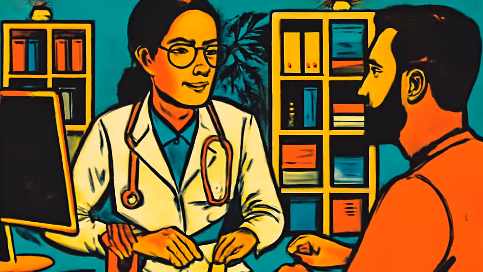 Pop-art illustration of a doctor in a white coat and glasses with a stethoscope, sitting at a desk and listening to a bearded man in an orange top seen from the side, with shelves and a monitor behind.