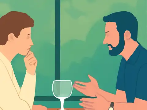 Flat vector illustration of two people sitting across a table in front of a large window, one resting a hand against their chin and the other gesturing with open hands.