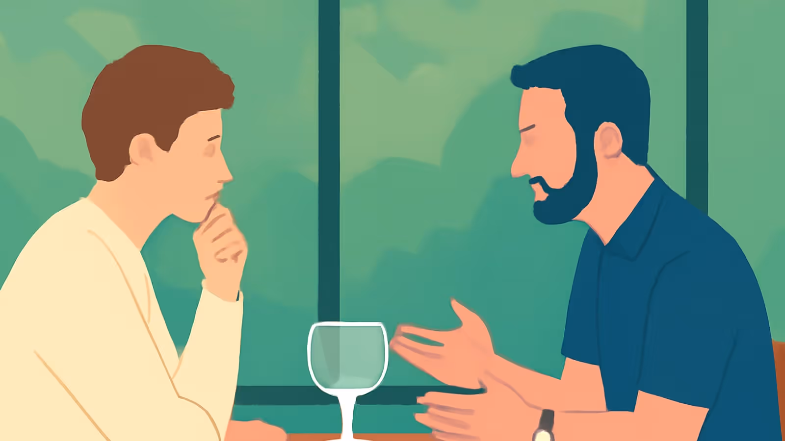 Flat vector illustration of two people sitting across a table in front of a large window, one resting a hand against their chin and the other gesturing with open hands.