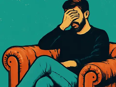 Pop-art illustration of a man sitting in an armchair with his legs crossed, covering his eyes with one hand, in orange and teal.