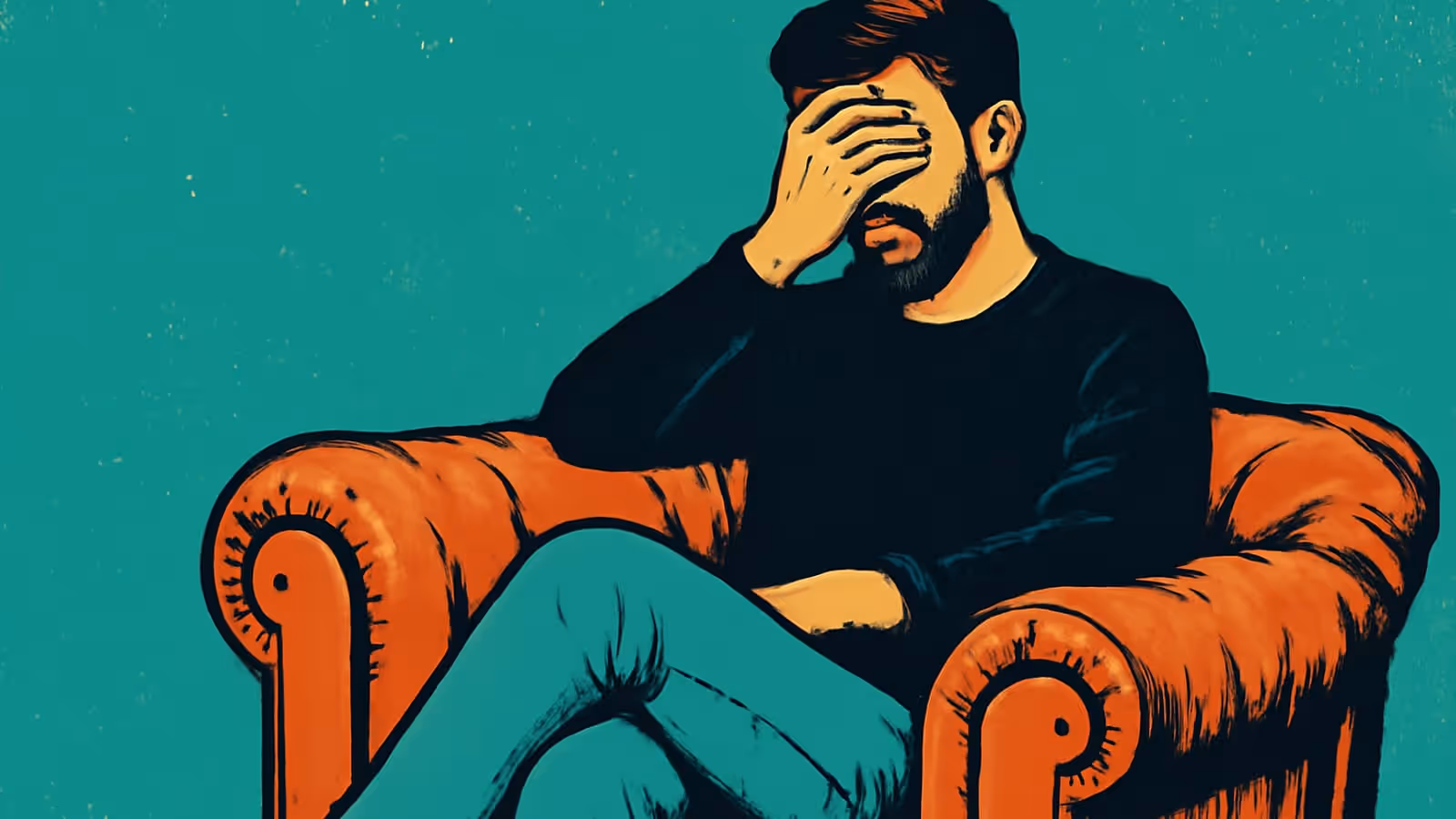 رسم توضيحي بأسلوب البوب آرت لرجل جالس في كرسي بذراعين مع ساقيه متقاطعتين، يغطي عينيه بيد واحدة، بالألوان البرتقالية والزرقاء.