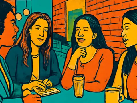 Pop-art illustration of five people talking around a table with coffee cups, one of them taking notes.