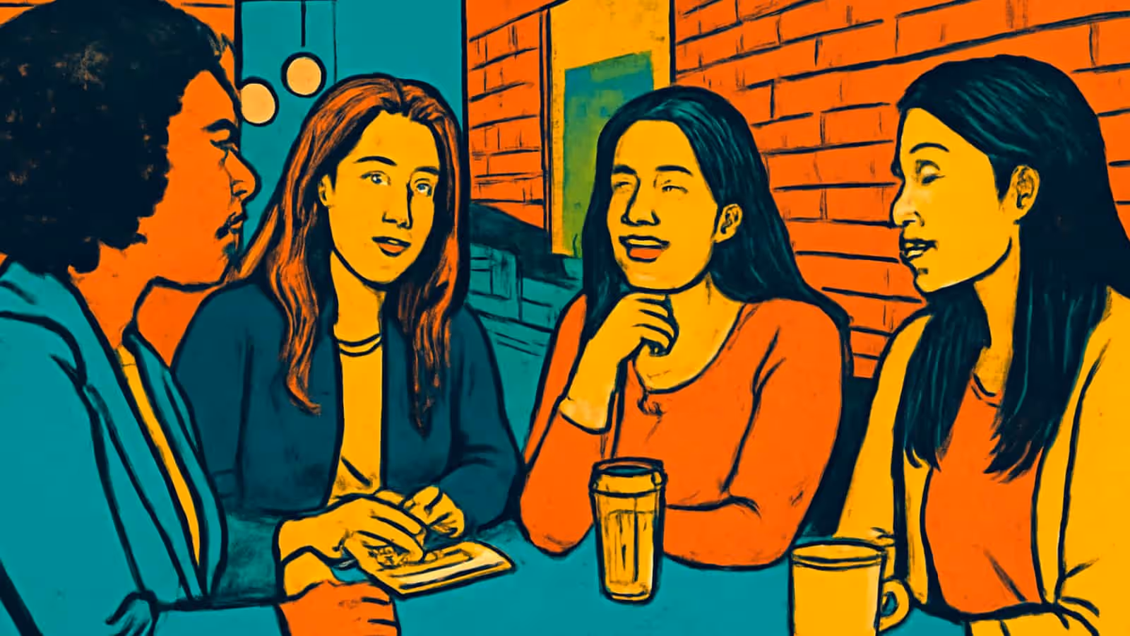 Pop-art illustration of five people talking around a table with coffee cups, one of them taking notes.