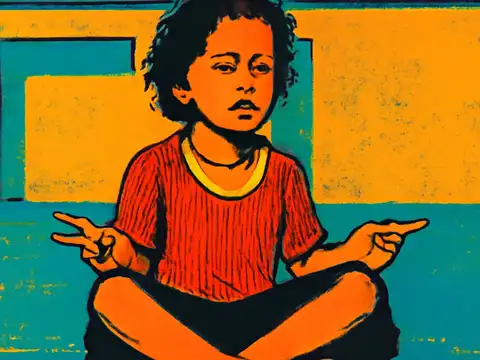 Pop-art illustration of a child sitting cross-legged on the floor with their hands open at their sides.