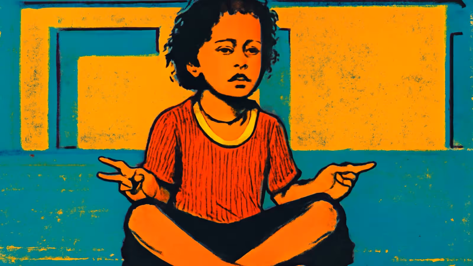 Pop-art illustration of a child sitting cross-legged on the floor with their hands open at their sides.