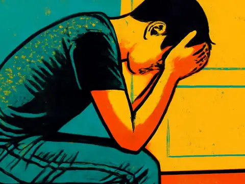 Pop-art illustration of a man sitting hunched forward with his head in his hands.