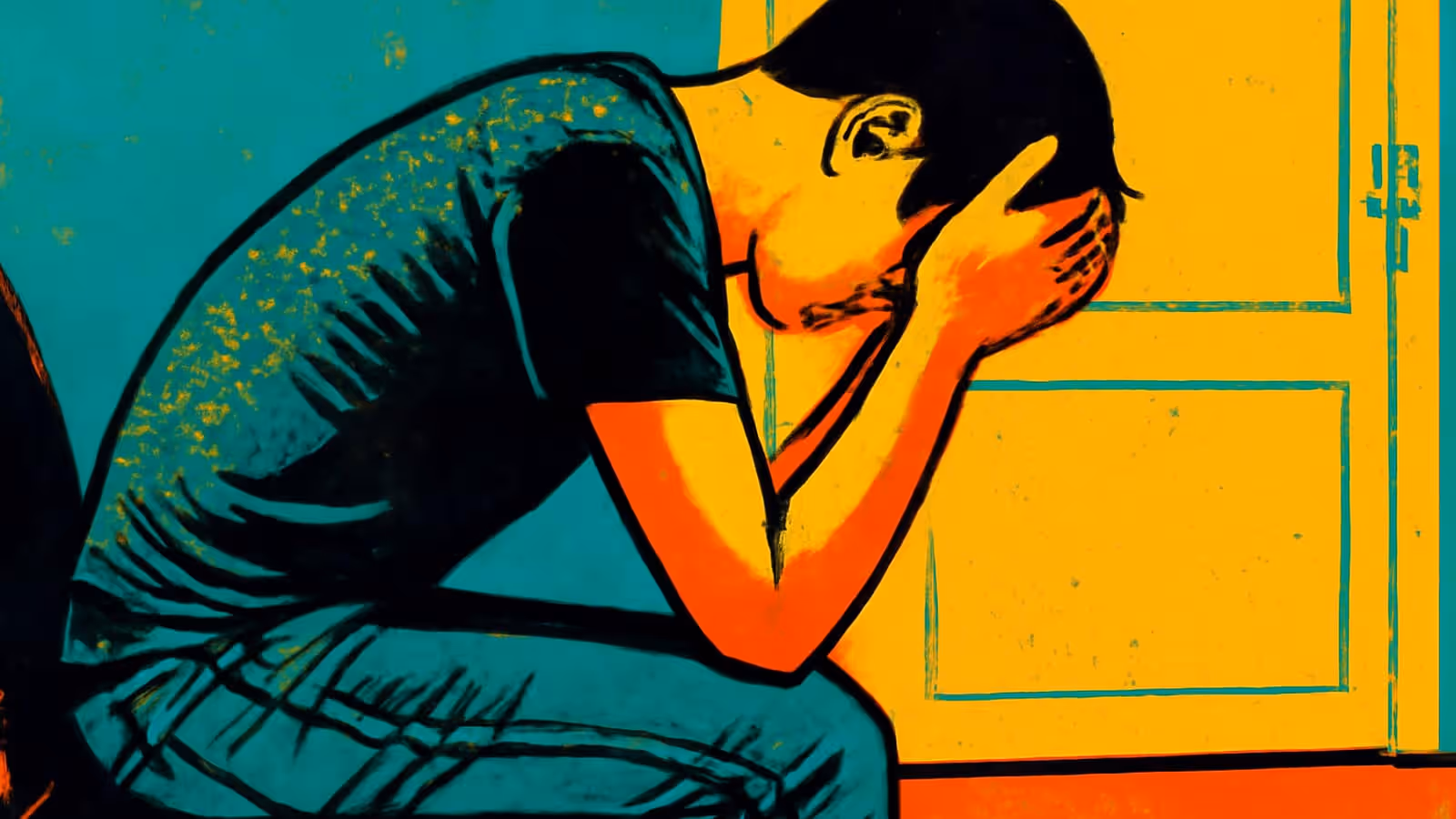 Pop-art illustration of a man sitting hunched forward with his head in his hands.