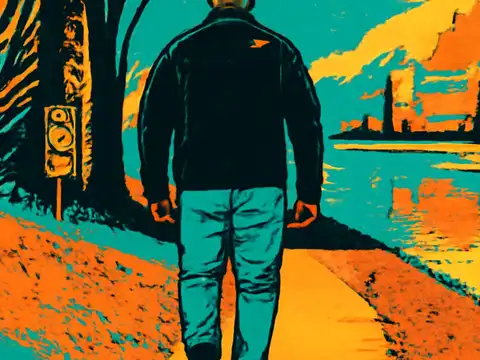 Pop-art illustration of a man walking outdoors alone.