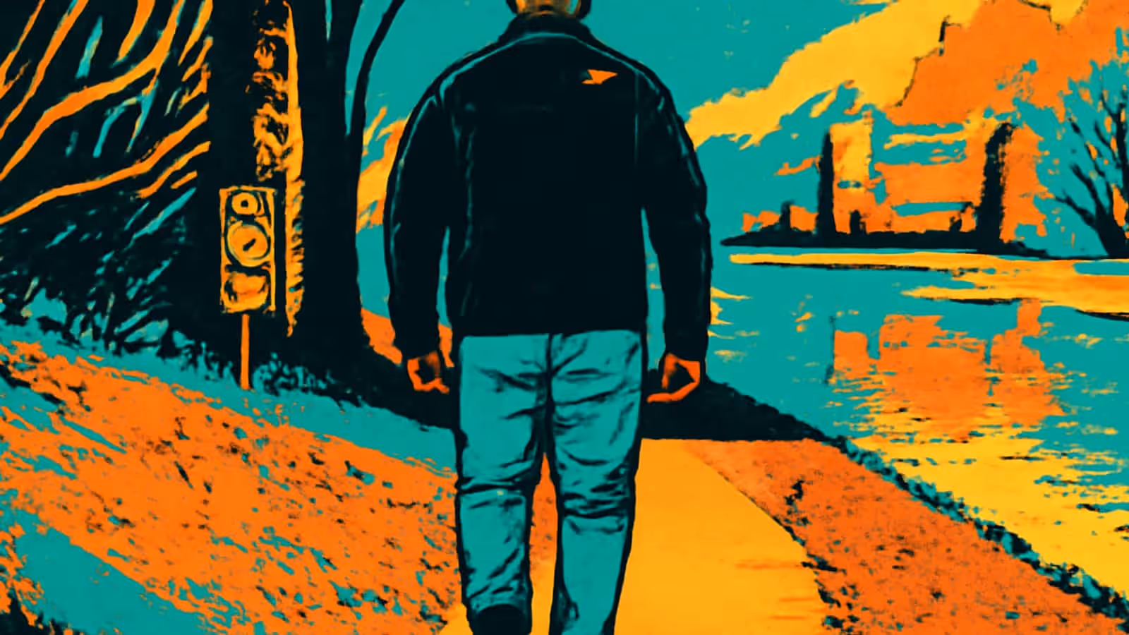 Pop-art illustration of a man walking outdoors alone.