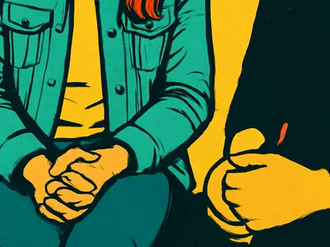 Pop-art illustration of two people talking in a counselling session.