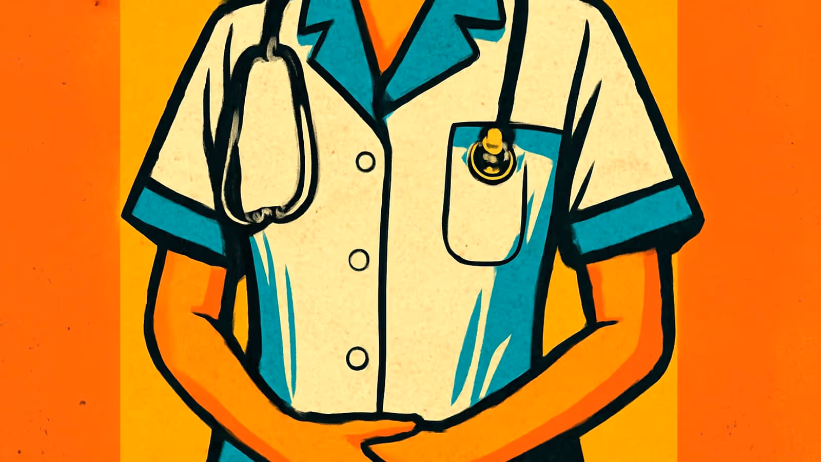 Pop-art illustration of a medical uniform with a stethoscope around the neck, seen close up.