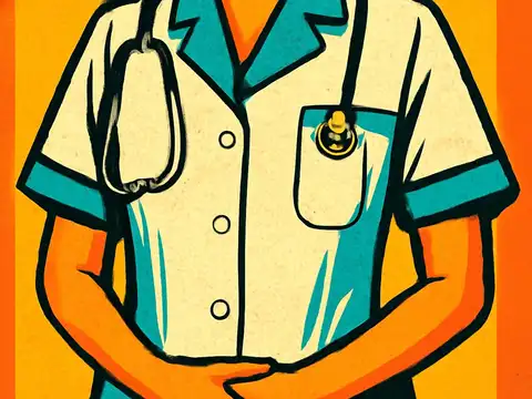 Pop-art illustration of a medical uniform with a stethoscope around the neck, seen close up.