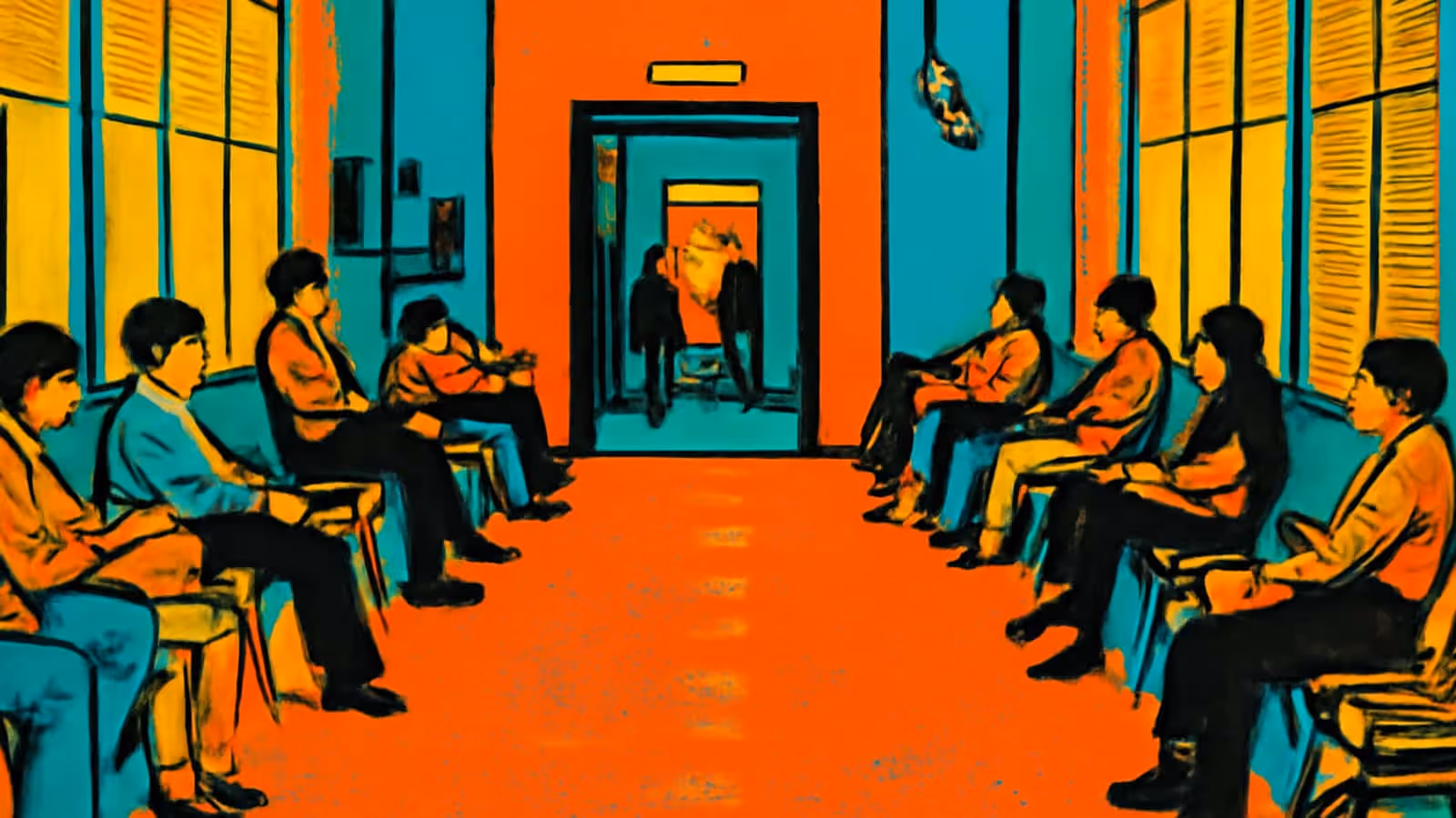 Pop-art illustration of people seated along both sides of a long hospital waiting area.