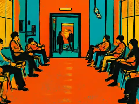 Pop-art illustration of people seated along both sides of a long hospital waiting area.
