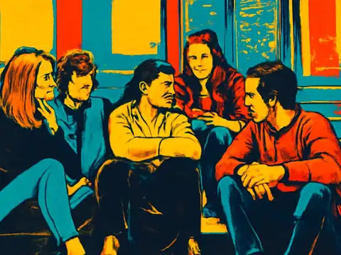 Pop-art illustration of teenagers sitting and talking together outdoors.