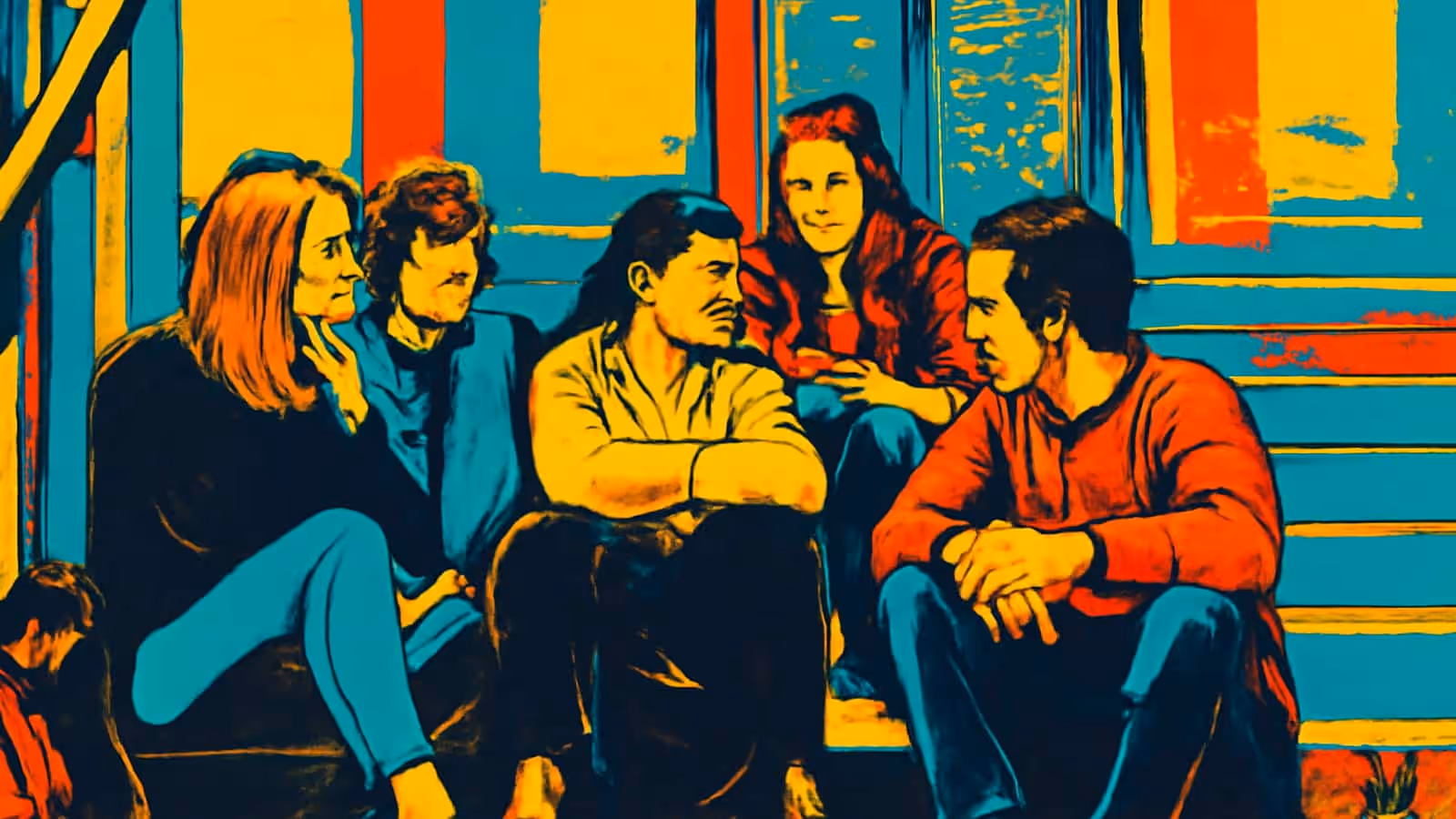Pop-art illustration of teenagers sitting and talking together outdoors.